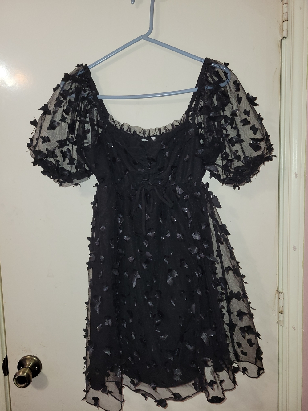 Thirty Thirty Black Puff Sleeve Butterfly Appliqué Mini Dress
